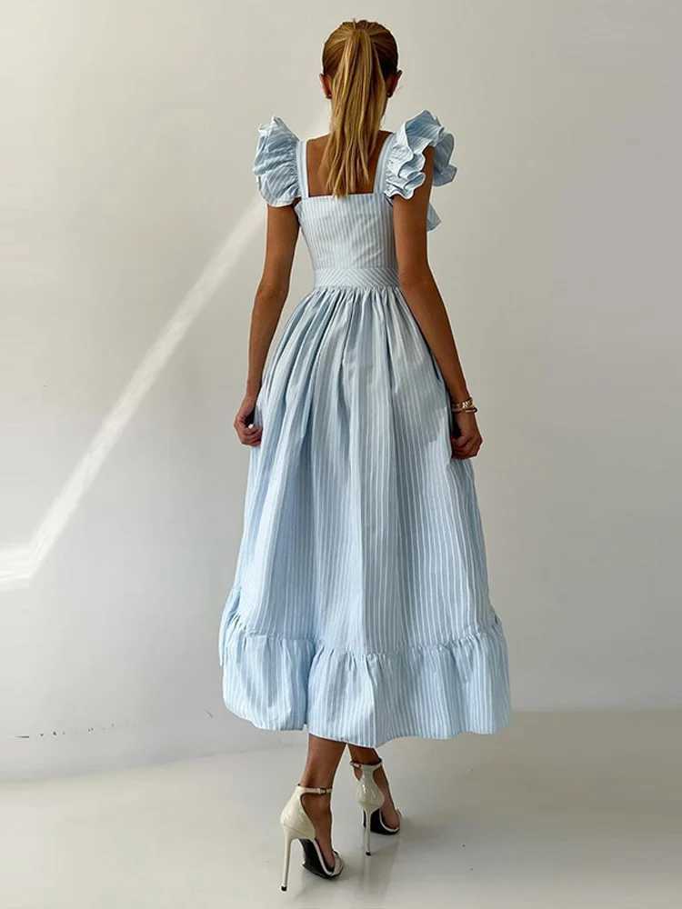 Flying Sleeve Ruffle Striped Slip Long Dress Women Elegant Square Collar Waist Cinching Pleat Party Dresses Chic Ladies Vestido XJ250610