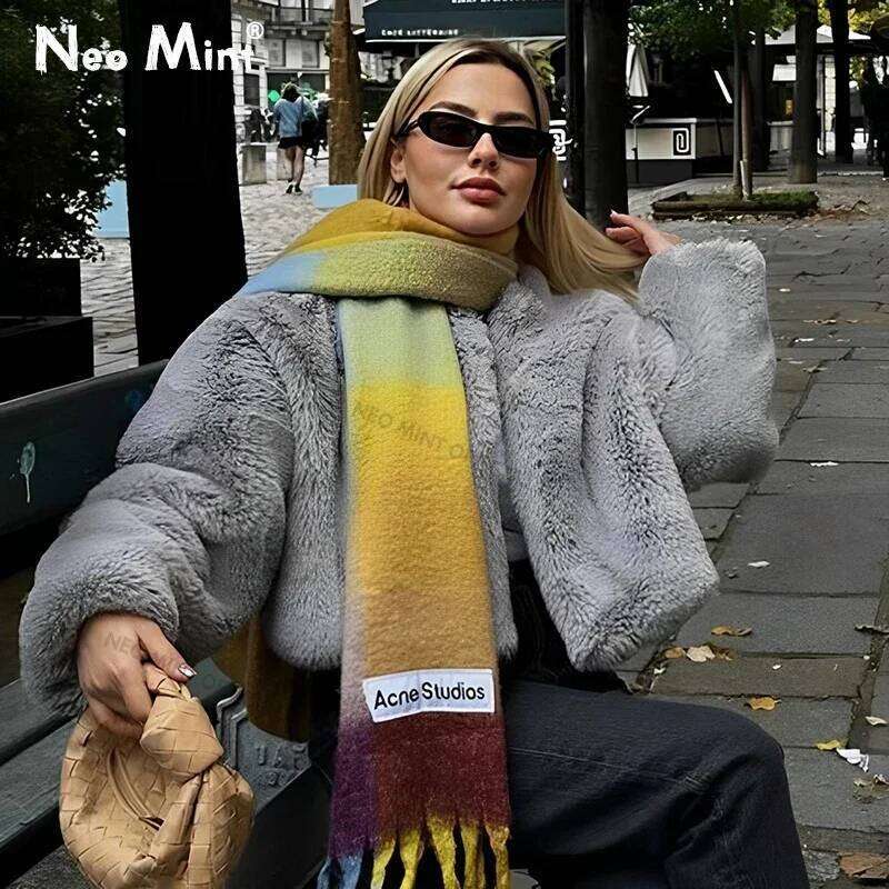 Neo Mint 2024 Winter Faux Rabbit Coat Women Chic Fashion Soft Warm Furry Fur Jacket Street Style Girl Outerwear Overcoat