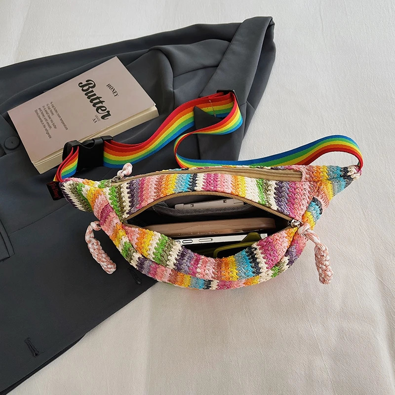 Elegance Lady Fanny Pack Hand Woven Waist Bag Summer Female Belt Bags Rainbow Stripes Crossbody Chest ner Banana Packs 250605