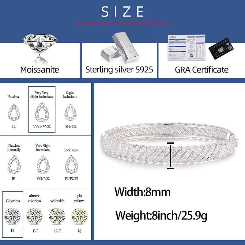 New Popular Mossanite 8mm Iced Out VVS Diamond Hip Hop Bracelet Jewelry Pure Silver Moissanite Bracelet Bangle