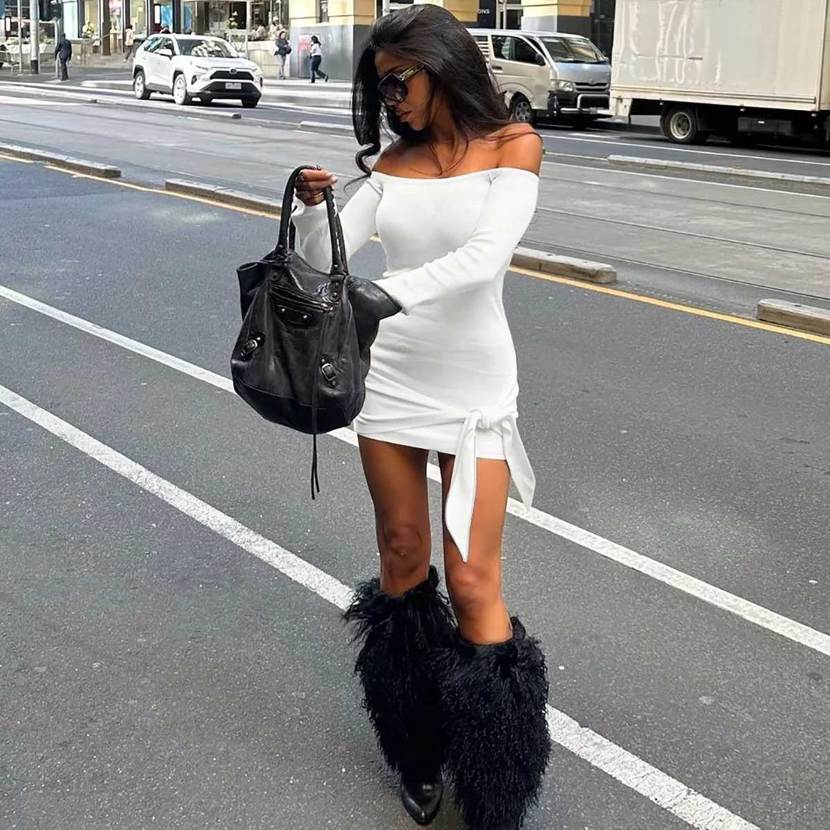 Sexy Off Shoulder Long Sleeve Bandage Party Dresses For Women 2025 Fall Winter Slash Neck Bodycon Lace-up Mini Dress Streetwear XJ250610