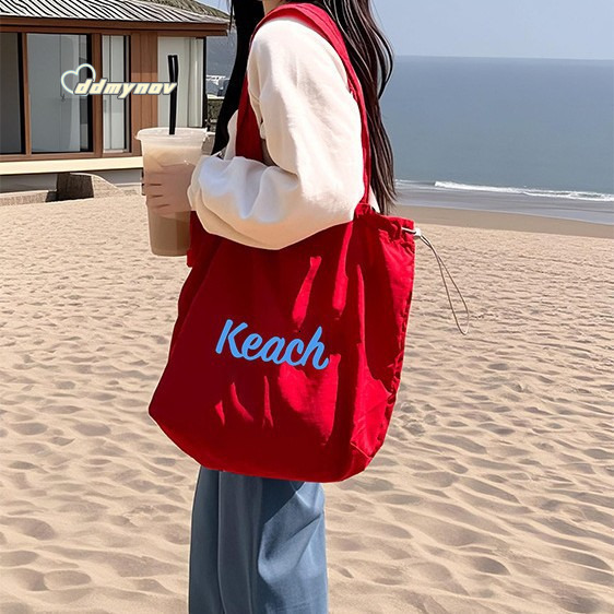 2025Korean Style New Letter Print for Women Large Capacity Nylon Shoulder Casual Versatile Portable Drawstring Tote Bag ddmynov
