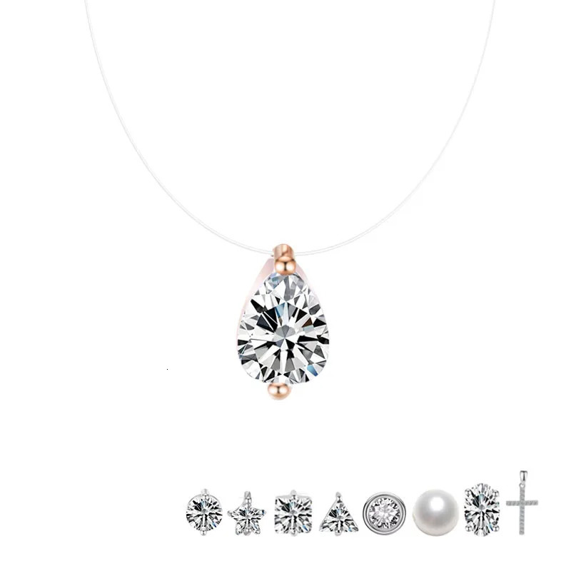 Transparent Chain Zircon Necklace Invisible Fishline Choker Women Oval Heart Square Star Water Drop Pendant Necklaces 250609