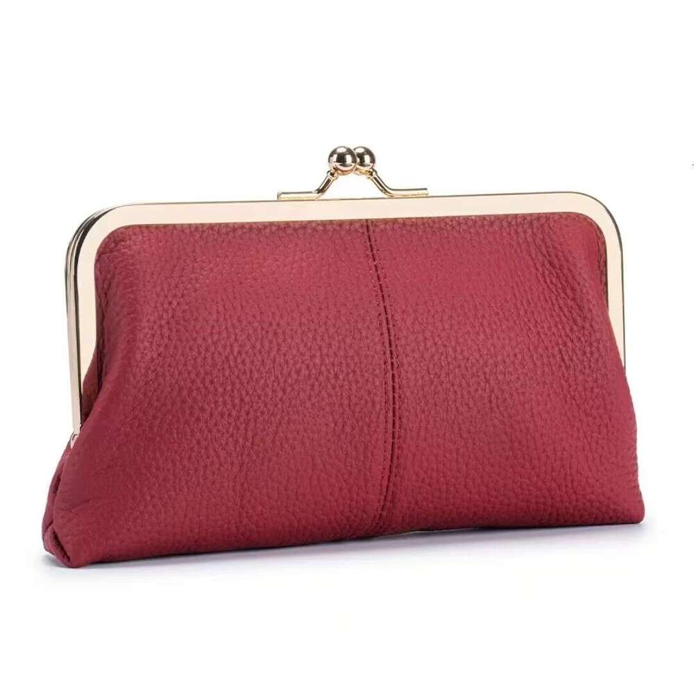 New Genuine Leather Long Clutch Simple Fashion Clip First Layer Cowhide Wallet Gold Frame Storage Bag Large Capacity