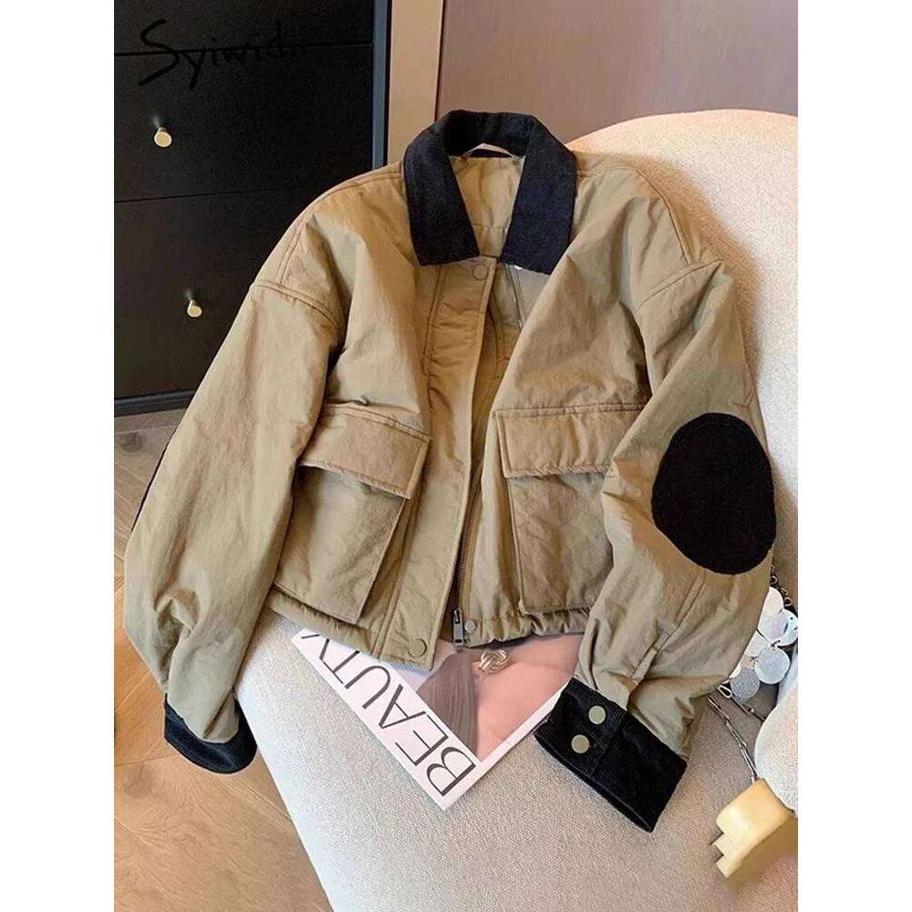Syiwidii Vintage Parkas for Women Turn-down Collar Pockets Casual Coat Autumn Winter 2024 New Long Sleeve Female Thermal Jackets
