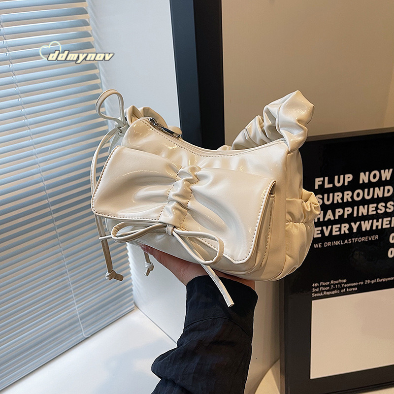 Ballet Style Sweet Bowknot Pleated Handbag Underarm for Women 2025 New Fashion Single Shoulder Crossbody Tote Bag ddmynov