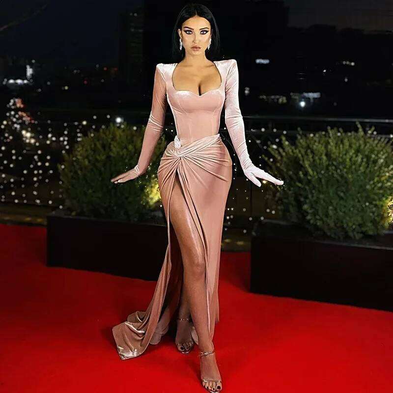 Elegant Veet Slash Neck Sleeve With Gloves Bandage Evening Party Club Floor Length Dress Women Sexy Split On Long Dresses