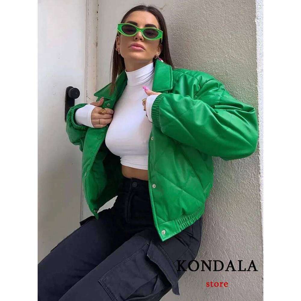 KONDALA Vintage Green Leather Loose Jackets Women Long Sleeve Single Buttons Turn Down Collar Coats Fashion 2022 Outwears