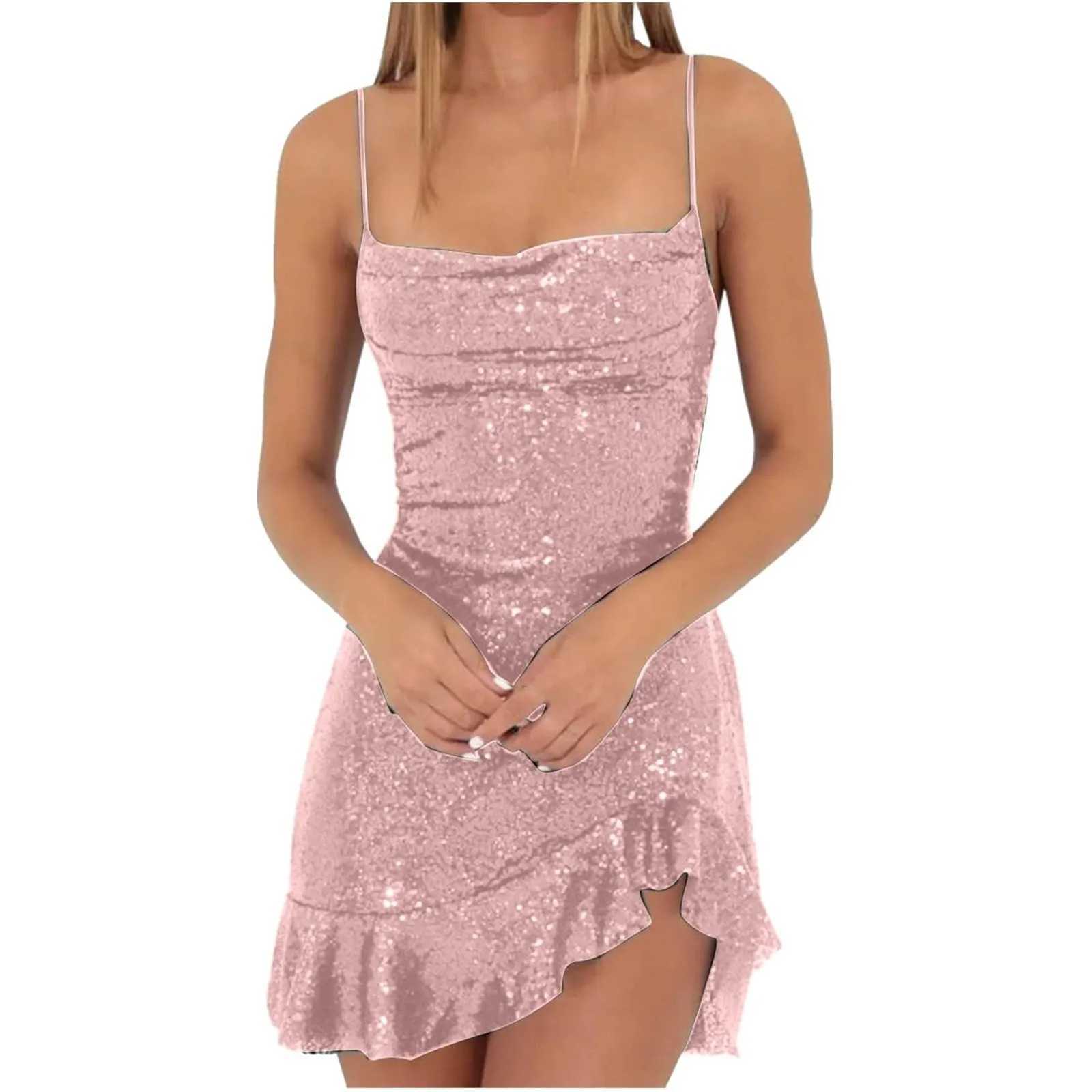 Sexy Slim Fitting Fashion Solid Color Sequin Back Cross Tie Ruffle Edge Sleeveless Suspender Irregular Hem Pleated Party Dress XJ250610