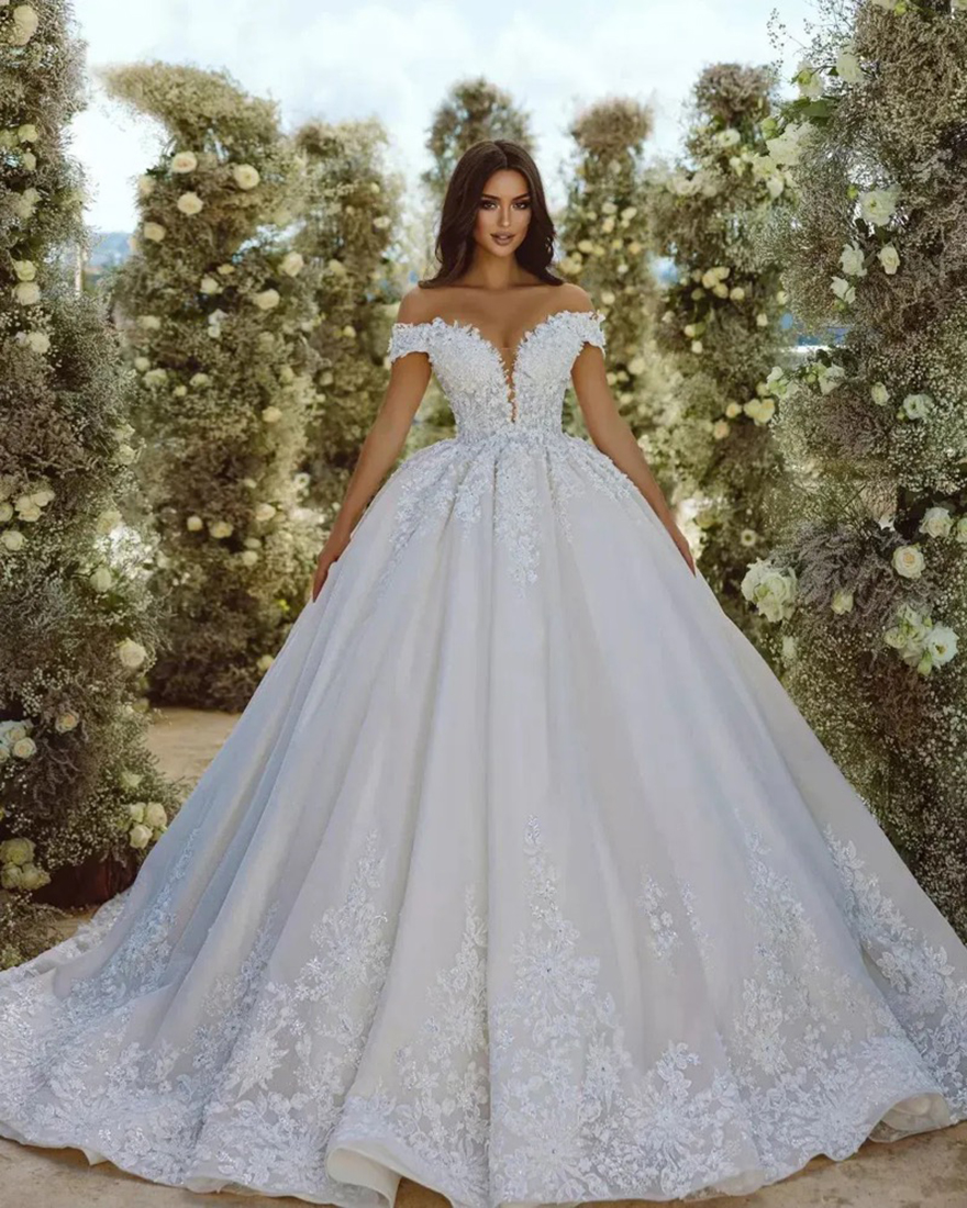 Floral Arabia Off The Shoulder Wedding Dresses Sleeveless Appliques Beaded Beach Bridal Gowns Custom Made Tulle Vestido de Novia