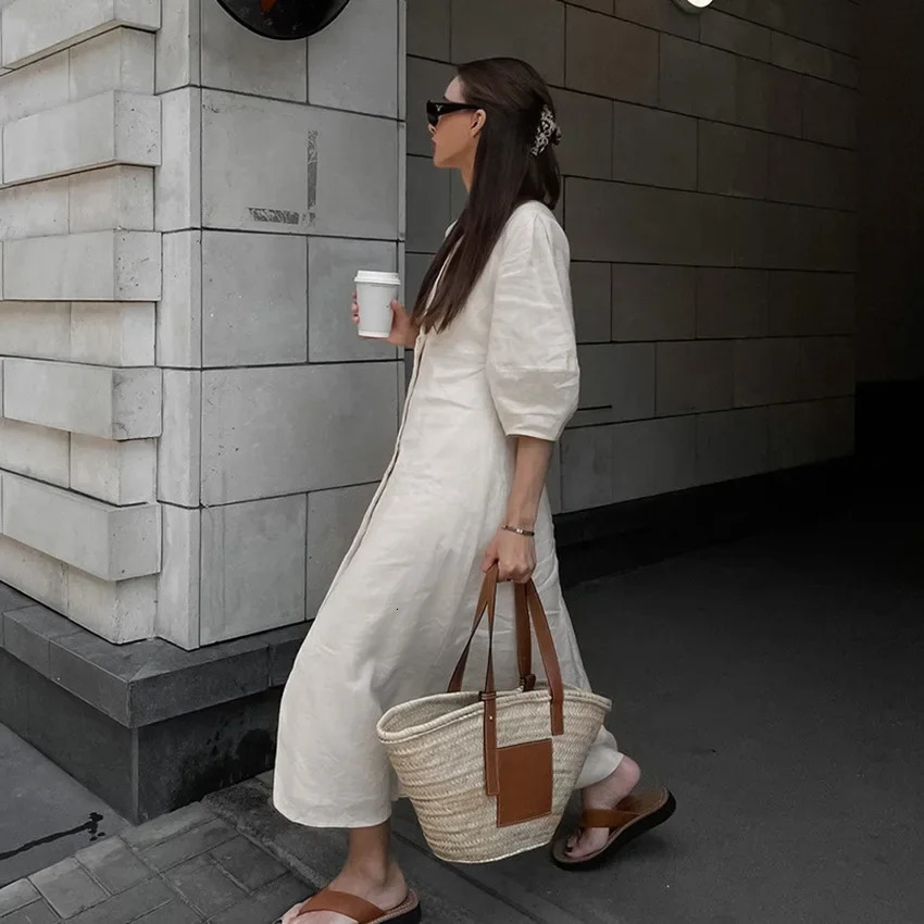 Retro Cotton Linen WomenS Summer Dress Sexy V-Neck Puff Sleeve Long Maxi Birthday Graduation Dresses Beach Sundress Robe Femmes 250606