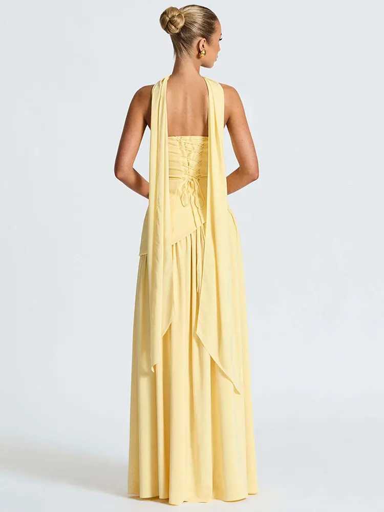 GACVGA Elegant Strapless Sexy Maxi Dress Women Gown Scarf Collar Bandage Backless High Split Club Party Evening Long Dress XJ250610