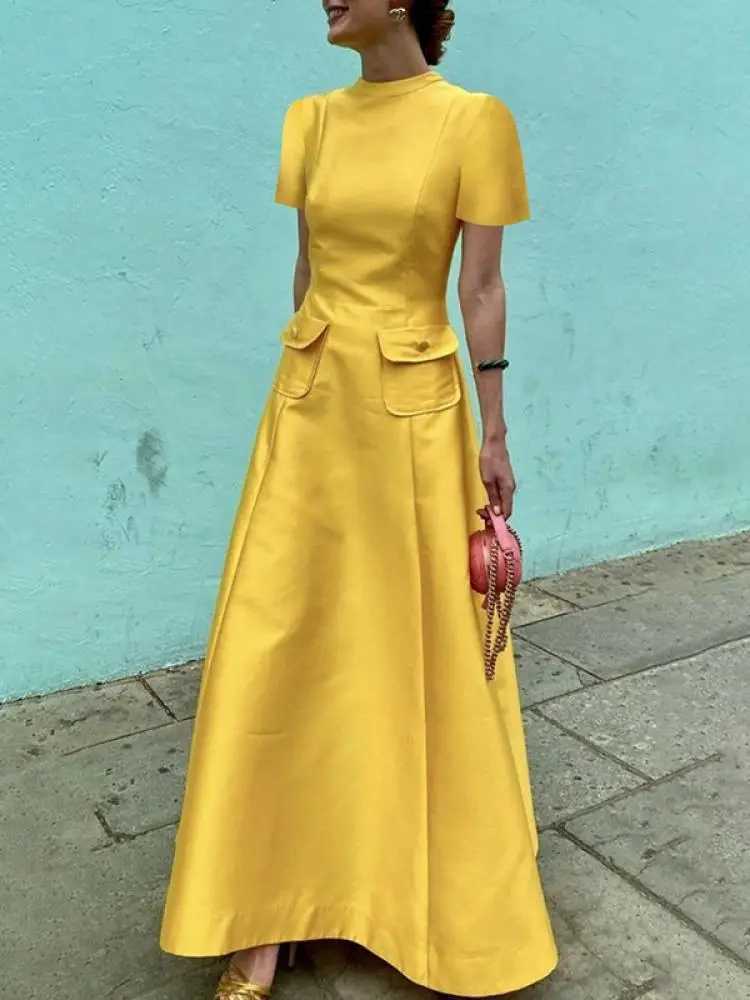 Elegant Party Evening Maxi Dresses for Women 2024 New Summer Short Sleeves Pockets Solid Color Round-Neck A-Line Dress XJ250610