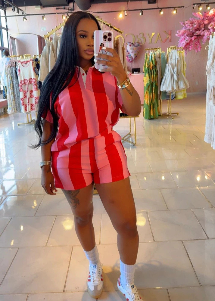 Womens Clothing Fashion Striped Sets Long Sleeve Polo-Neck T Shirt and Shorts 2025 Spring Summer 2 Two Piece Set Tracksuit 250609
