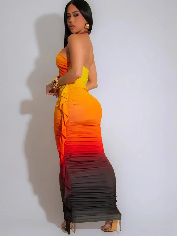Beyprern Tropical Goddess Halter Neck Crop Top And Maxi Skirt Set Summer Womens Tie Dye Ruched Two-Piece Dress Night Clubwear 250609