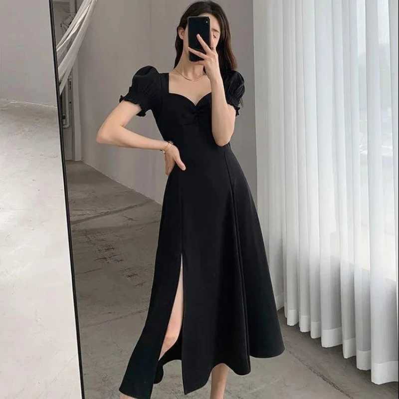 Solid Puff Short-Sleeved Elegant Slit Dress New Fashion Women V-neck Full Dresses Ladies High Waist Slim Evening Party Vestidos XJ250610
