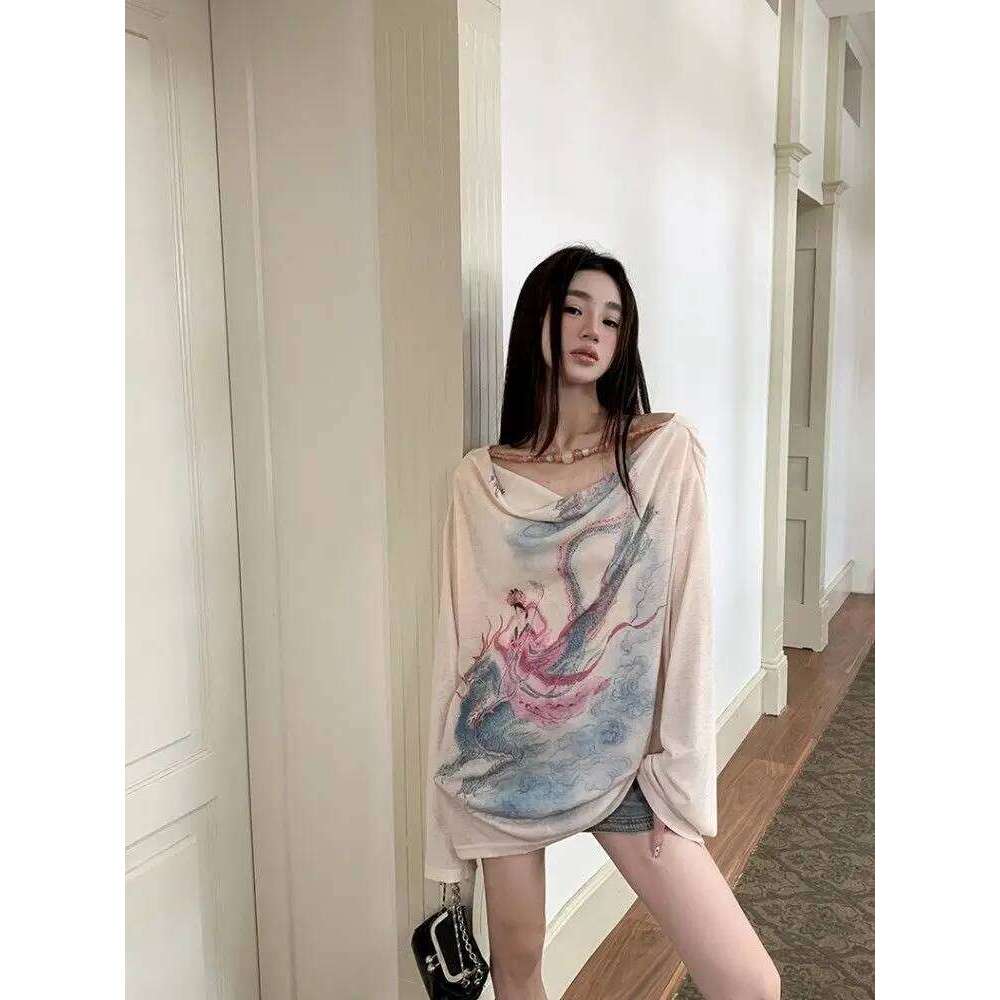 Chinese Print Swing Collar Long Sleeve Sunscreen Oversized T-Shirt Women Tops Summer New Spicy Girl Thin Loose Casual Top
