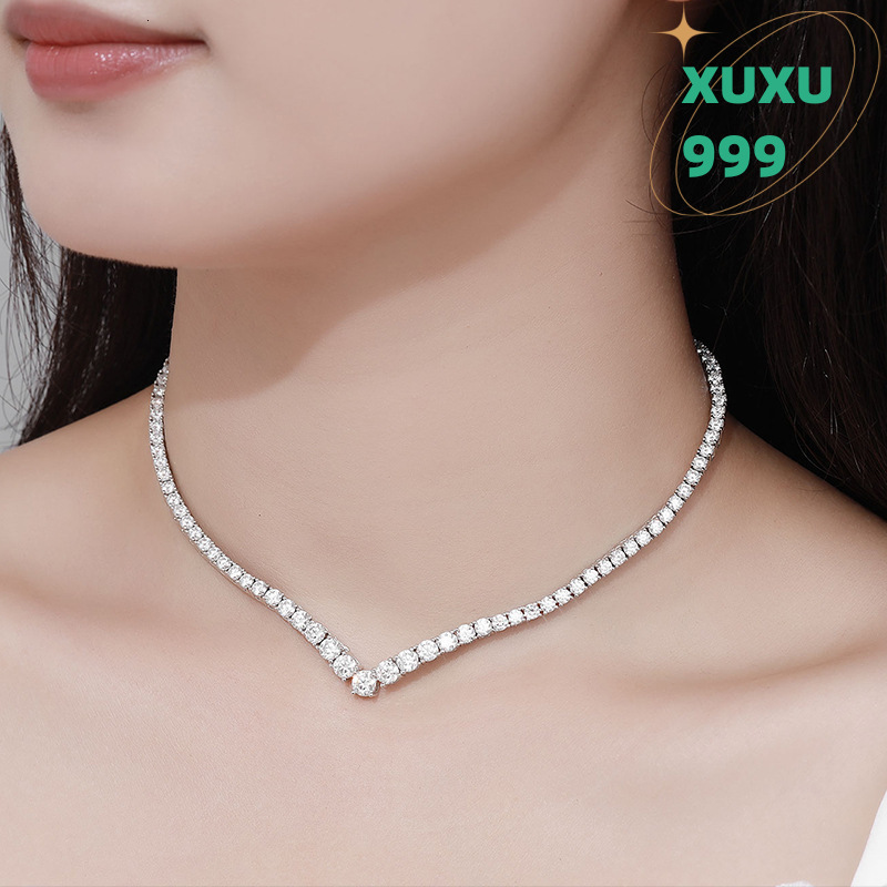 OACOCA Wedding Jewelry 925 Sterling Silver Tennis Chain VVS1 D Color White Gold Plated V Shape Link Moissanite Necklace