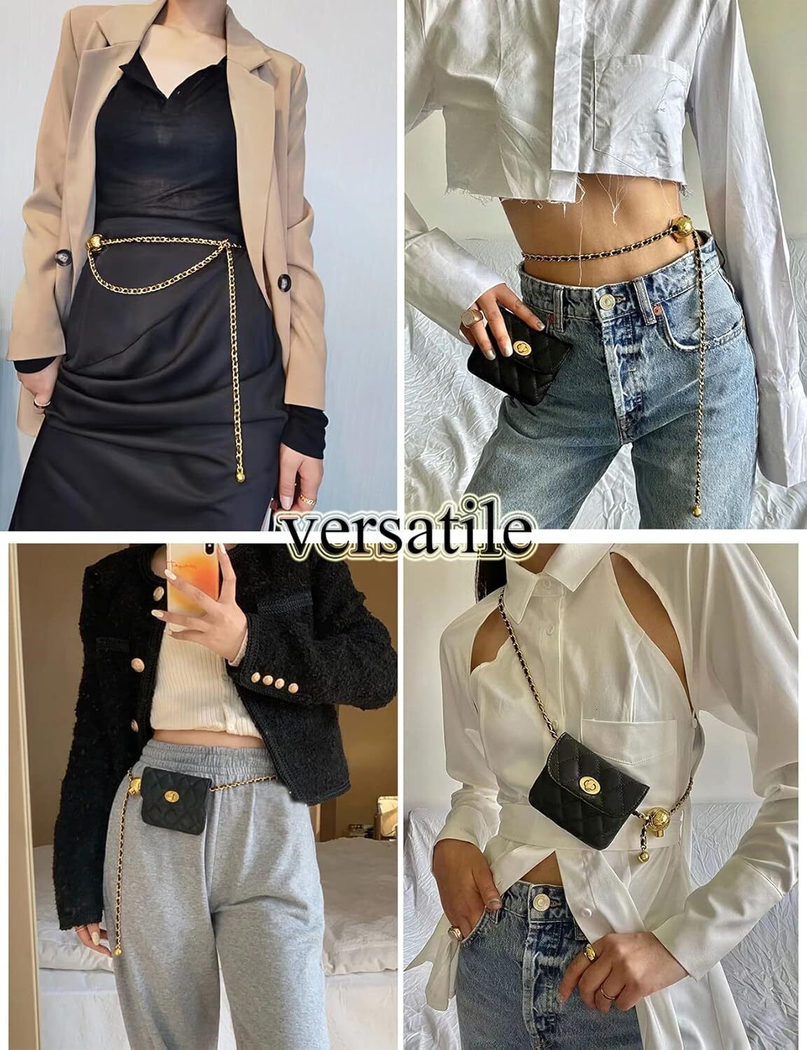 BEMY Leather Chain Belt Bag for Women Black Crossbody Waist Purse Fanny Pack Fashion Evening Clutch Mini Handbag Detachable