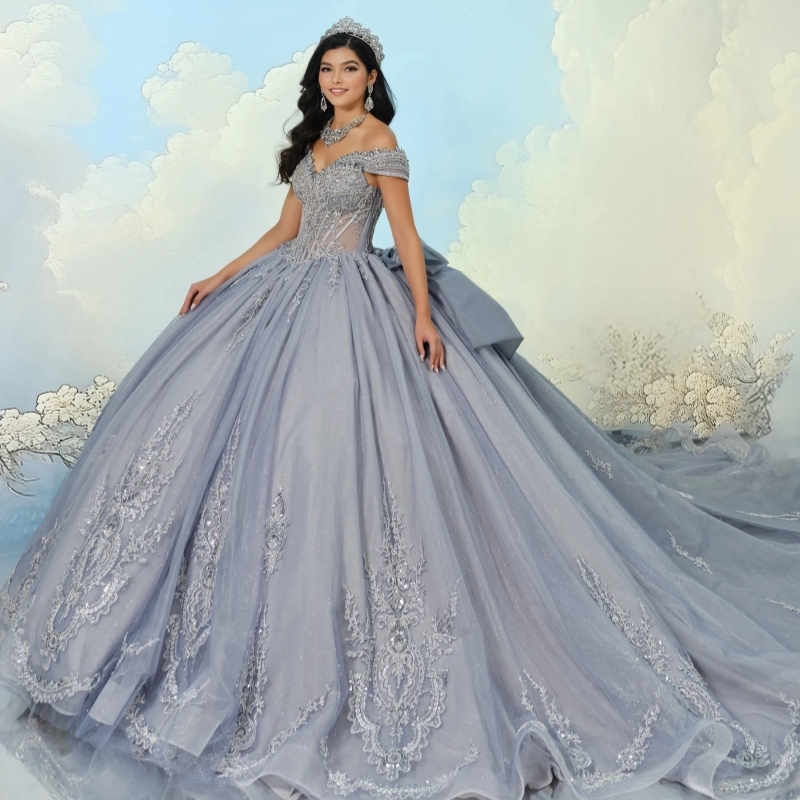 Gray Shiny Off The Shoulder Ball Gown Quinceanera Dresses Appliques Lace Beading Tiered Tull Sweet 16 Dress vestidos 15 Anos