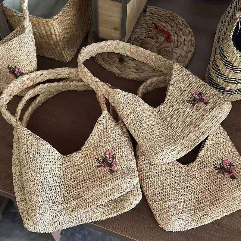 New Summer French Elegant Raffia Grass Underarm Bag For Women Fashion Shoulder Vintage Handbag Designer Tote Flower Embroidery