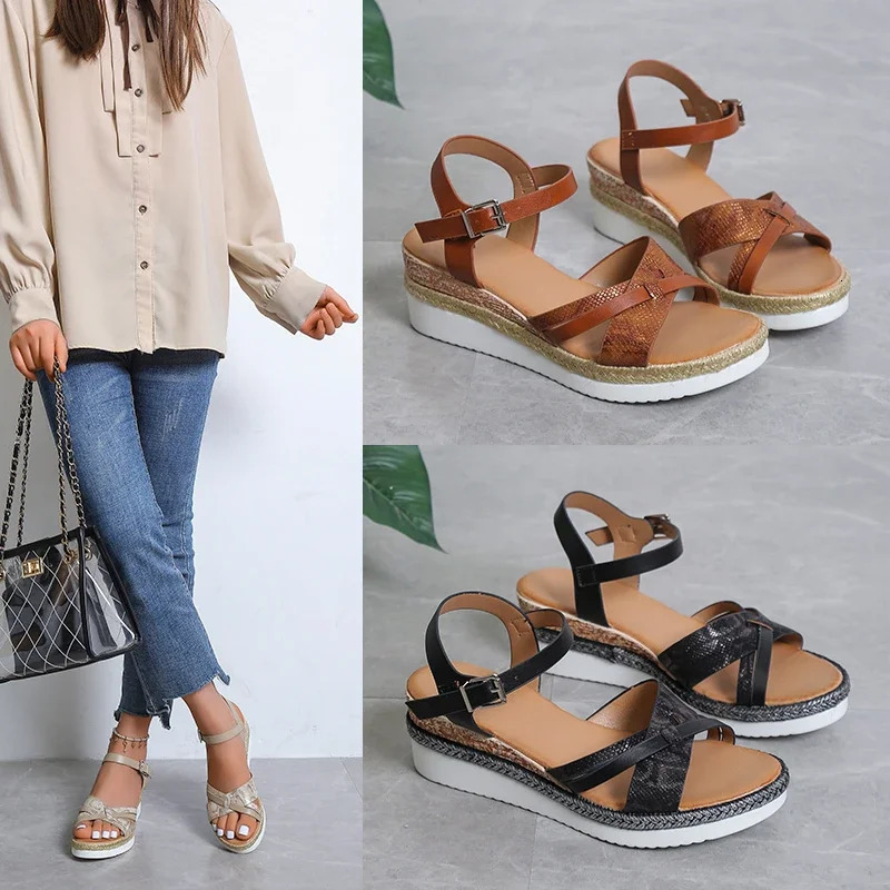 Summer Wedge Sandals for Women Buckle Strap Platform Rome Sandals Woman Open Toe Thick Bottom No-Slip Sandalias Mujer Plus Size 250604