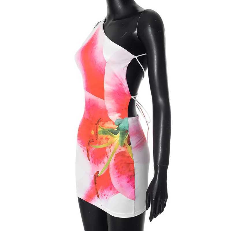 One Shoulder Sexy Party Club Y2K Mini Dress Outfits Women Floral Print Summer Bandage Backless Sleeveless Beach Dresses Sundress XJ250610