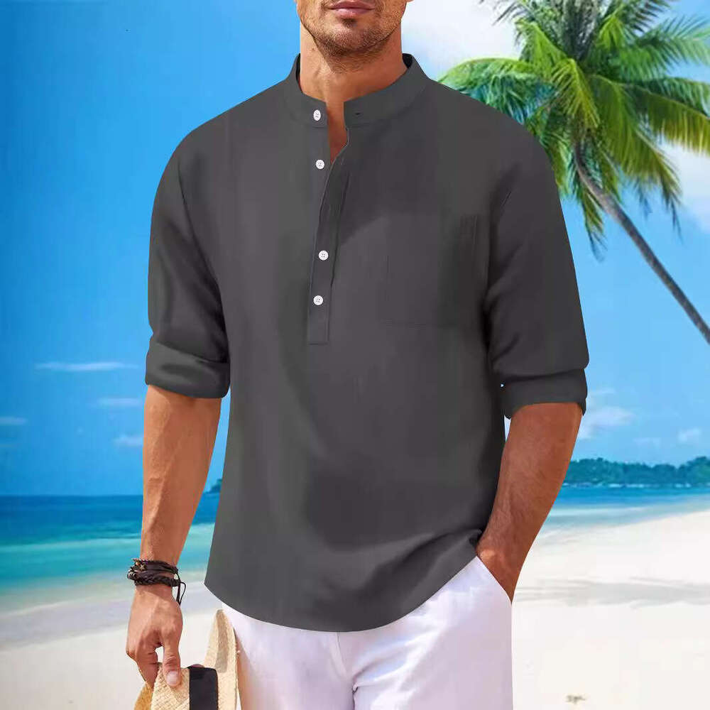 Autumn New Men's Solid Color Casual Cotton Linen Stand Collar Long Sleeve Shirt B5