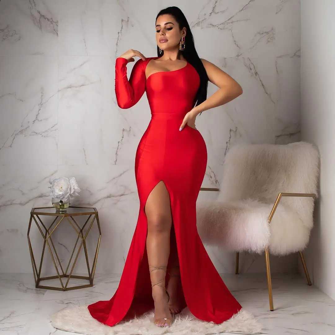 Spring Fall Long Sleeve Elastic Force Single Sleeve Slim Long Womens Dress XJ250610