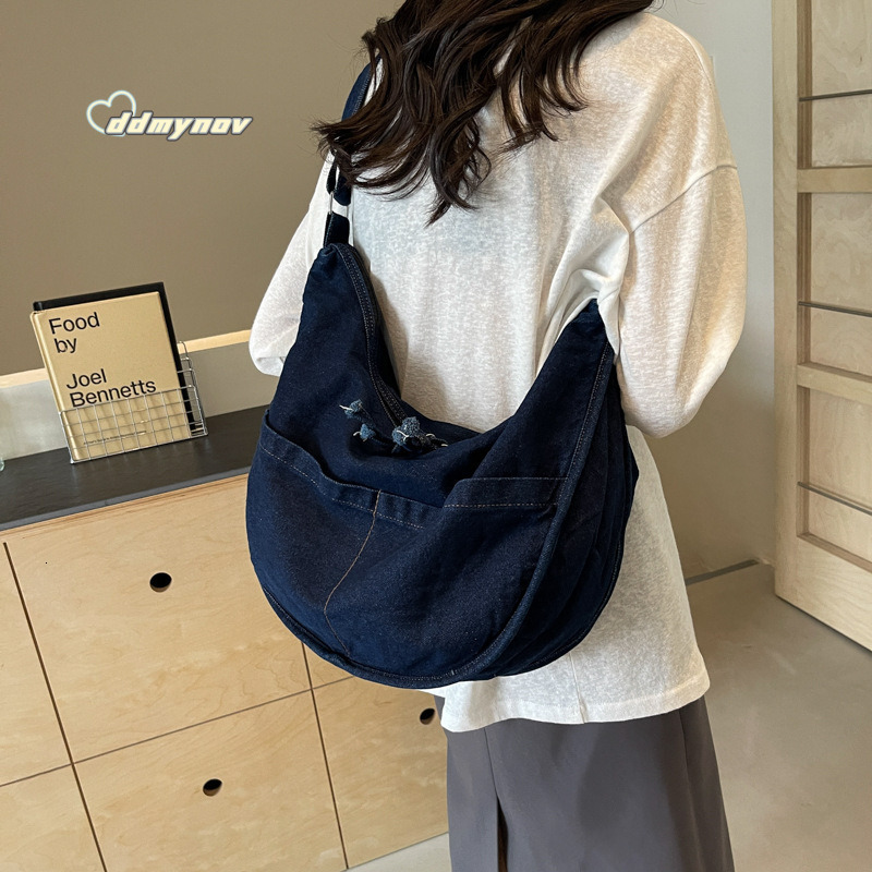 Dumpling Single Shoulder Denim Crossbody for Women Simple Commuting Work Canvas Student Class Bag ddmynov