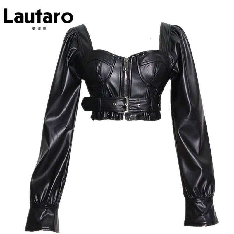 Lautaro Y2k Black Faux Leather Crop Top Women Square Neck Long Sleeve Zipper Cropped Jacket 2021 Sexy Backless Fashion 5Xl 6Xl