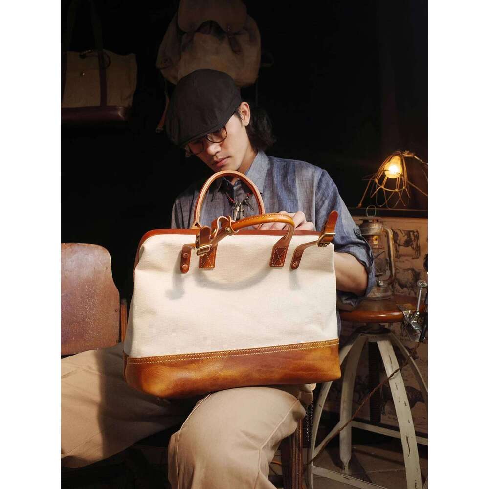 American vintage high quality canvas genuine leather ing women's handbag simple fashion hand-made travel bag