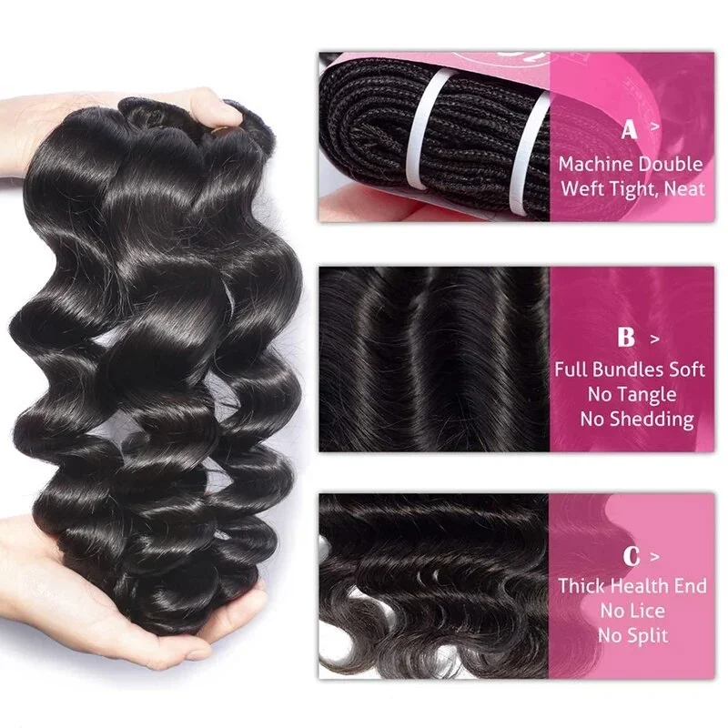10 inch Hair Bundles Brazilian Loose Wave Virgin Human Hair 3/4 PC Natural Color Hair Extensions For Black Women Bundles Raw Hair Bundles 4x4 Lace Bra