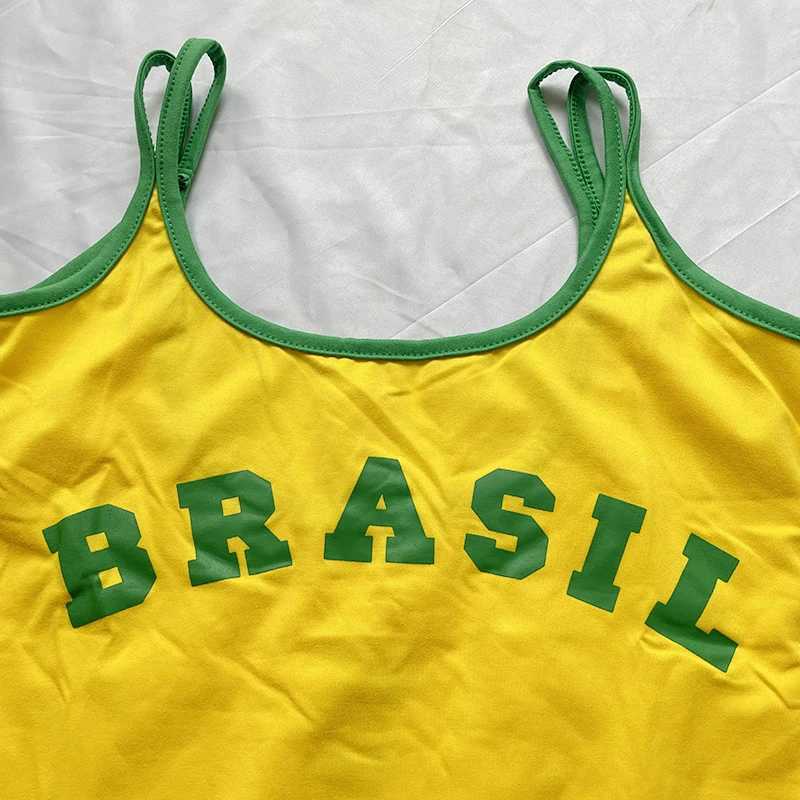 2024 Suspender Dress Women Beach Casual Short Dress Yellow Brasil Printed Long T Shirt Loose U Neck Sexy Summer Sling Mini Robe XJ250610