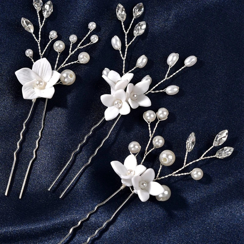 3PCS Flower Hairpin Bride Headdress For Women Pearl Mesh U-shaoped Hair Clips Fashion Girls Wedding Hair Accessories Jewelry 250610
