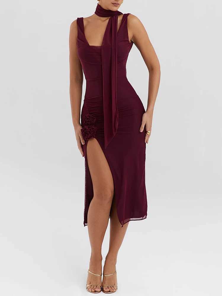Mozision Elegant Flower High Split Sexy Midi Dress For Women Two Layer Mesh Sleeveless Backless Bodycon Club Dress Party Outfits XJ250610