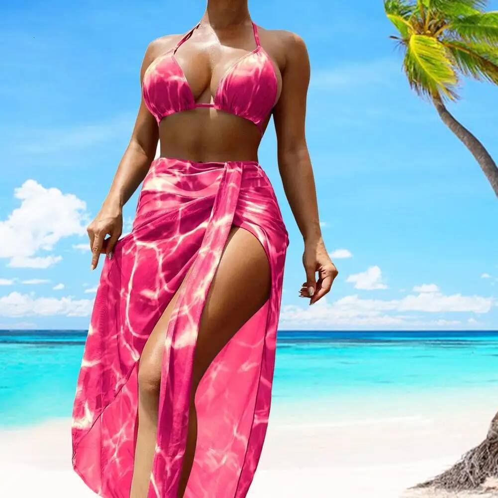 3 Pcs/Set Women Swimsuit Lace-up Halter Neck Bikini Set Wireless Summer Beach Swimwear Bathing Suit Wading Sports Clothes