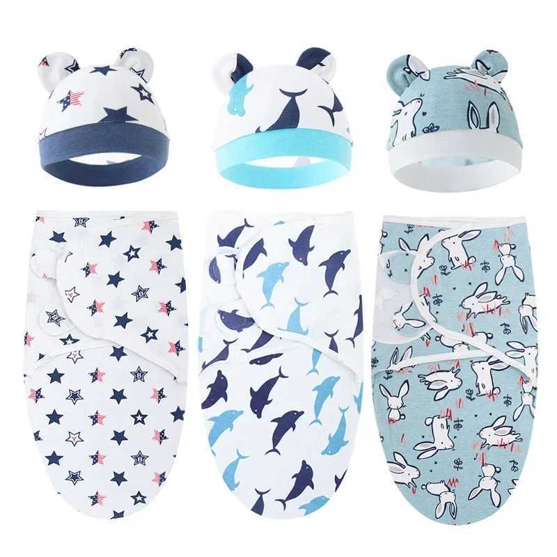Baby Blanket Hat Set Cartoon Printed Cotton Newborn Swaddle Adjustable Infant Sleeping Swaddle Wraps All Seasons 0-6 Months y2506100G7T