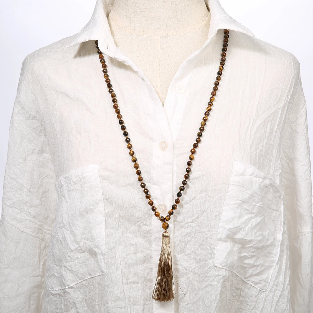6mm Yellow Tiger Eye Mala Beads Necklace - Serene Meditation Aid with 108 Knotted Japa Mala Beads Tassel Detail 250604