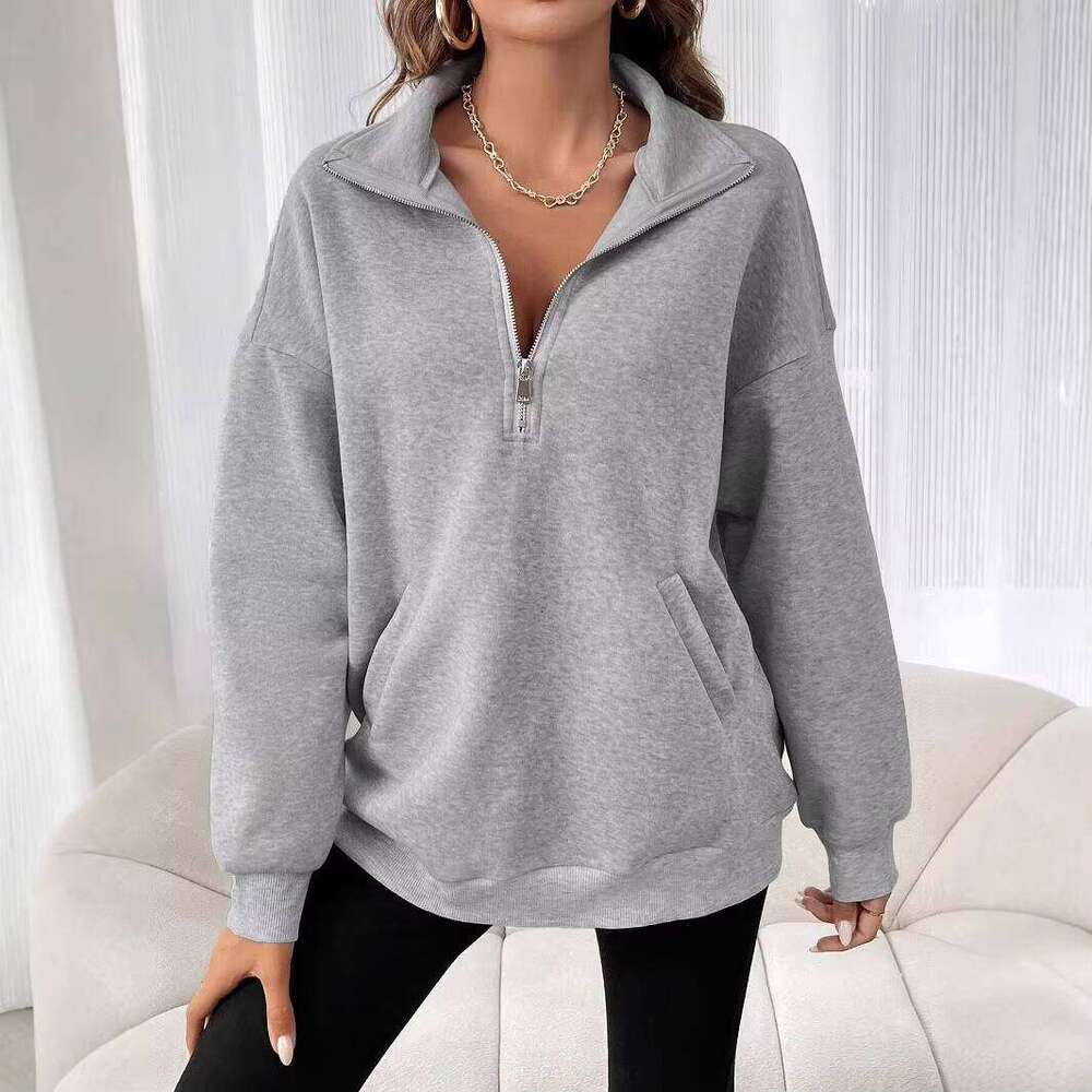 Logo 2XL Women's Solid Color Half-Zip Drop Shoulder Sweatshirt with Front Pocket