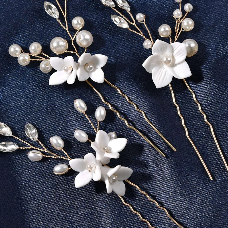 3PCS Flower Hairpin Bride Headdress For Women Pearl Mesh U-shaoped Hair Clips Fashion Girls Wedding Hair Accessories Jewelry 250610