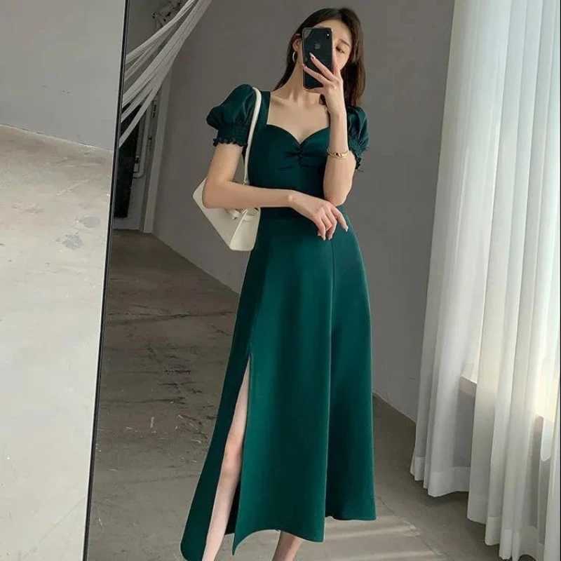 Solid Puff Short-Sleeved Elegant Slit Dress New Fashion Women V-neck Full Dresses Ladies High Waist Slim Evening Party Vestidos XJ250610