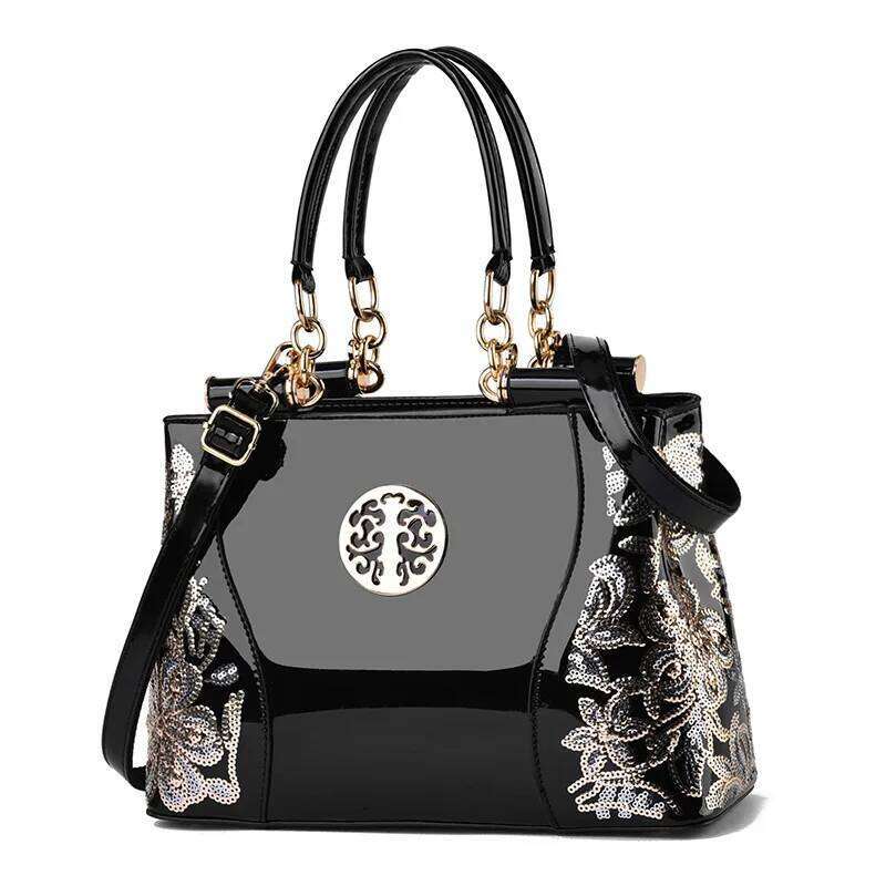 Retro Handbag Large Capacity Bright Leather Double-Sided Embroidered Women's Atmospheric Shoulder Messenger Bag