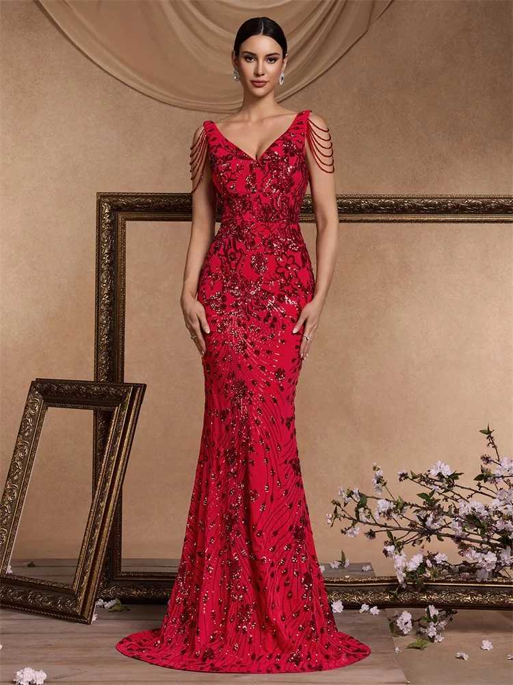 Elegant Deep V-Neck Red Sequin Formal Evening Dresses Women 2024 Beading Wedding Party Mermaid Cocktail Prom Gown XJ250610