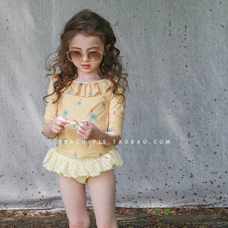 Korean Long Sleeved Sunscreen Swimsuit for Girls Cute Baby Split Swimwear Bikini Beach Bathing Suit Swimming Clothes