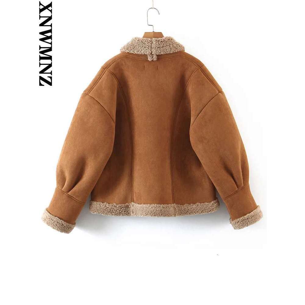 XNWMNZ Fall Winter Fashion Loose Pocket Jacket Women's Retro Suede Lamb Wool Warm Coat