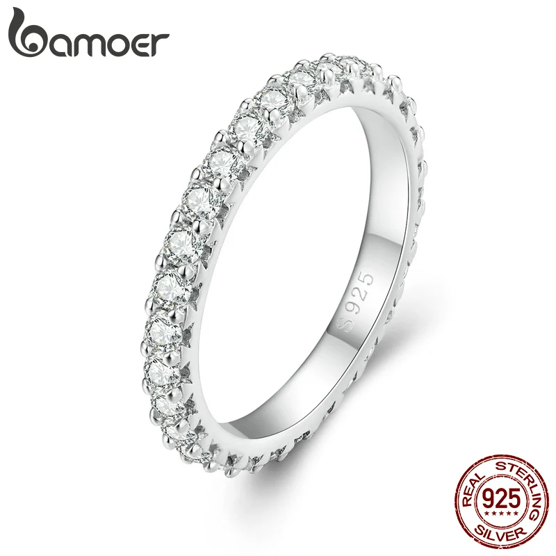 Bamoer TOP 925 Sterling Silver Moissanite Ring Stackable Finger Ring Fine Jewelry for Women Wedding Diamond Engagement Band MSR028