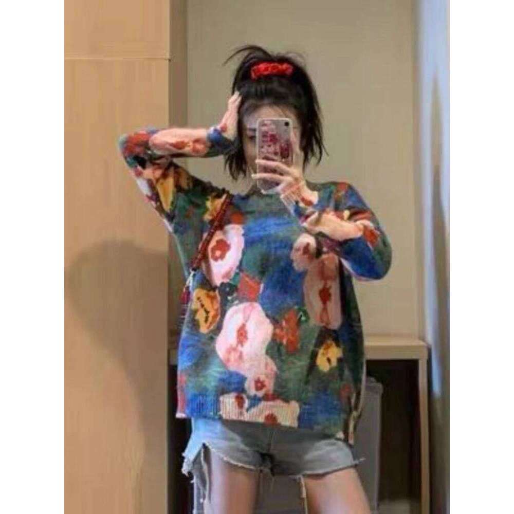 Lazy Style Sweaters Long Sleeve Contrast Color Jacquard Fashion Vintage All Match Pullovers Loose Aesthetics Women Clothing 2024