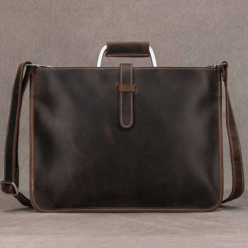 Genuine Zipper Briefcase For Man Messenger Office Bags Male Crazy Horse Leather Laptop Bag 13 Inch Maletines Hombre