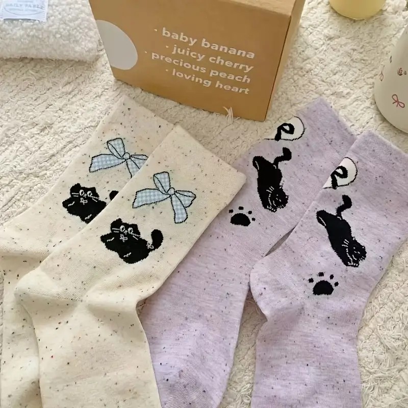 Women's Mid-Calf Socks - Adorable Cat & Bowknot Design, Soft Pastel Color Palette, Fun Cartoon Patterns, Suitable for Casual & Formal Wear, Soft 